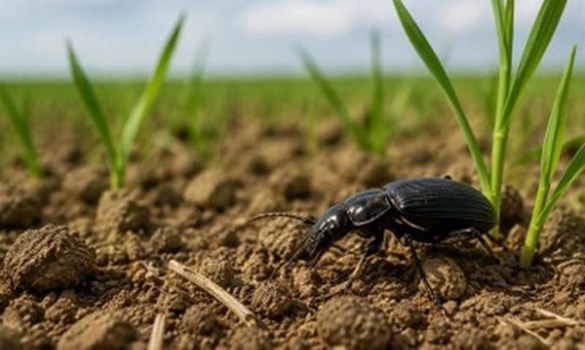 Carabid beetle in the field on a walk. 